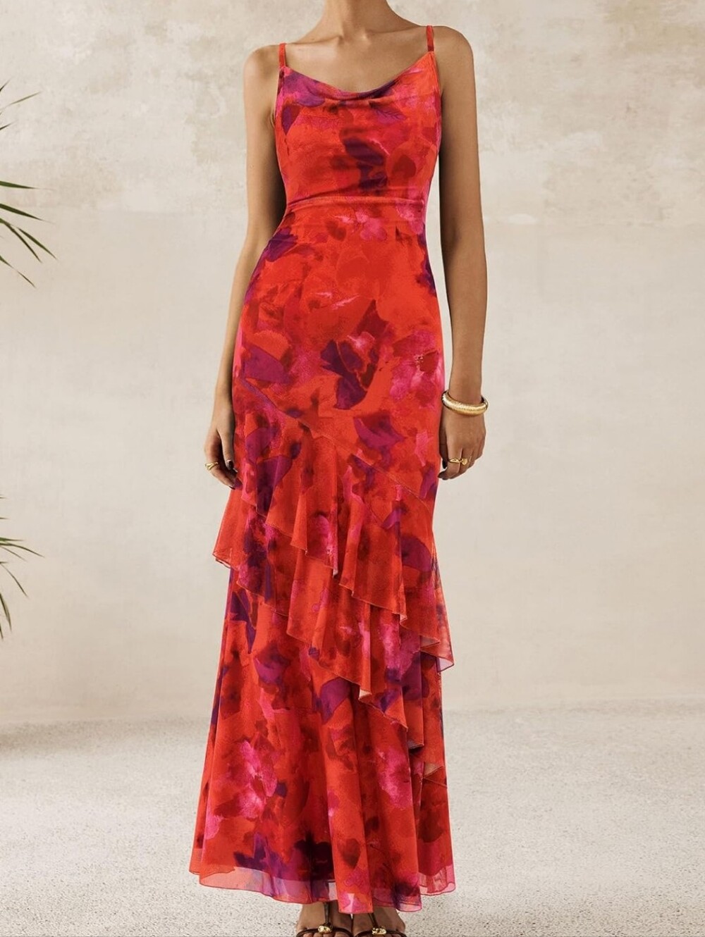 Red & Magenta Floral Cowl-Neck Maxi Dress with Tiered Ruffles